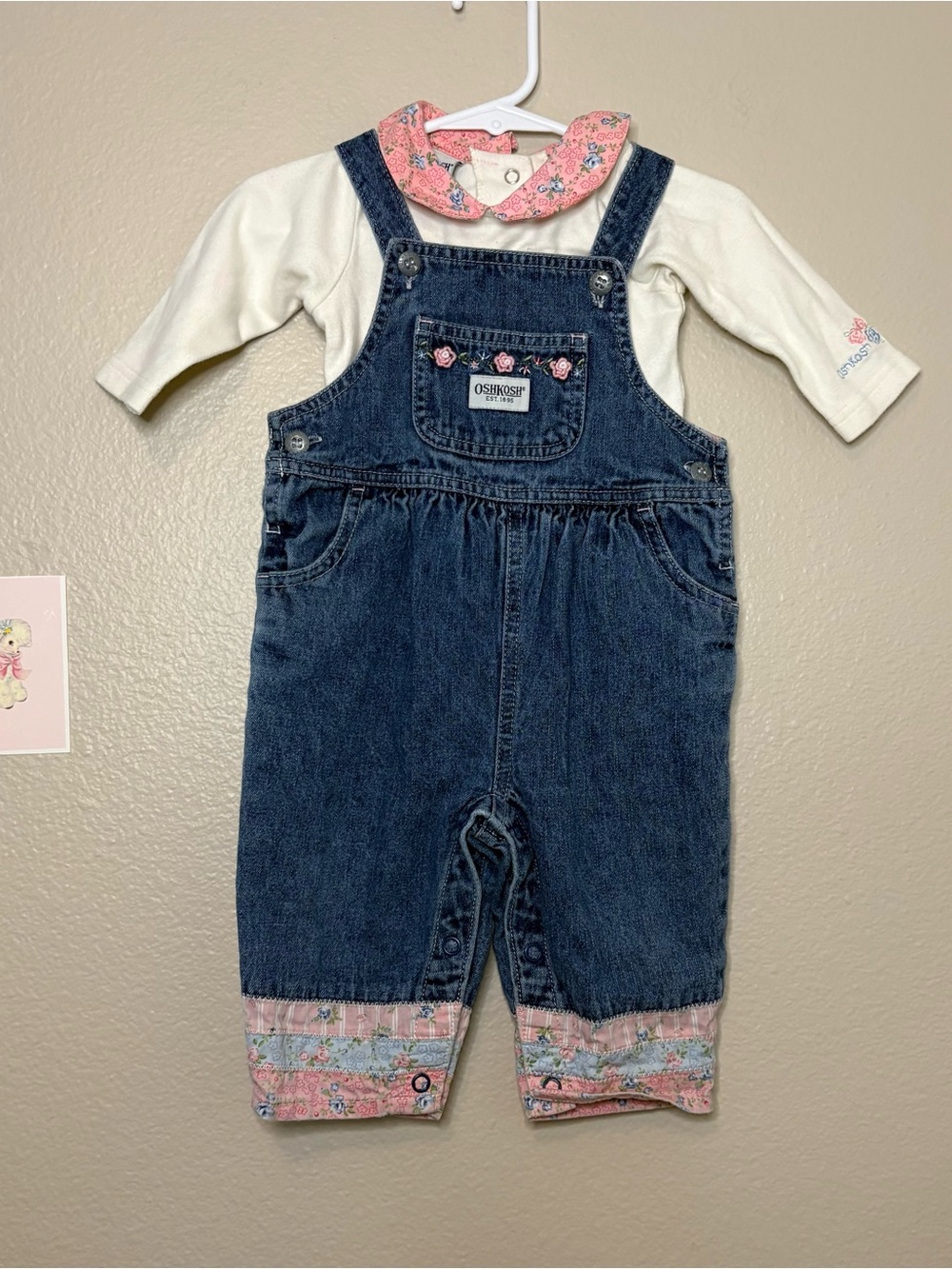 OshKosh B'gosh Denim Overalls with Pink Floral Trim coquette vintage preppy coll